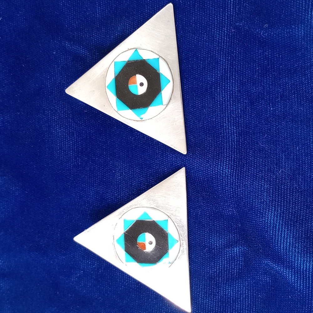Vintage Zuni SunFace Turquoise, MOP , Onyx Inlay on Sterling Silver Earrings